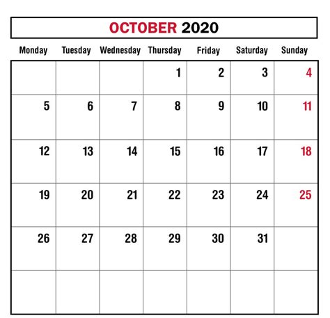 Free Printable October 2020 Calendar Blank Template With Editable Notes