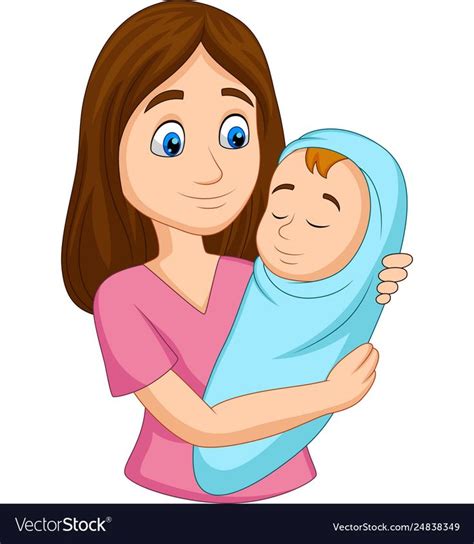 Vector Illustration Of Happy Mother Carrying Newborn Baby Wrapped In