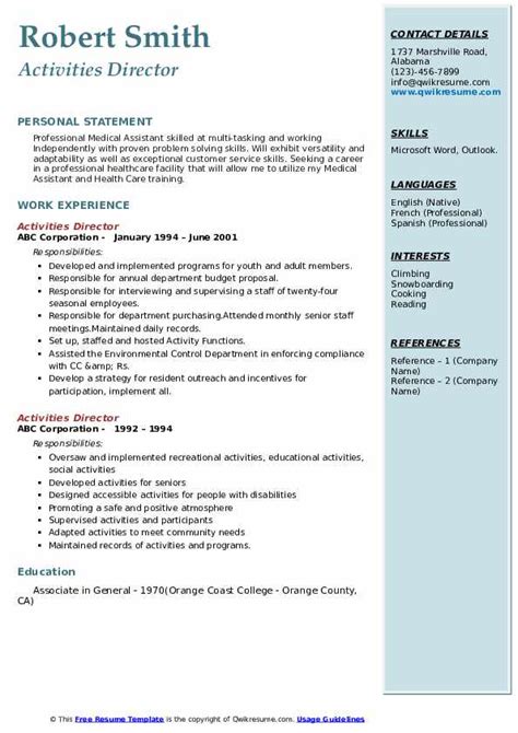 Activity Director Resume Sample