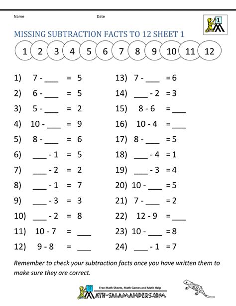 Subtraction Worksheets Missing Numbers
