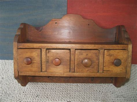 Antique Wall Box Shelf Primitive Country Wood Kitchen Spice 4 Drawers