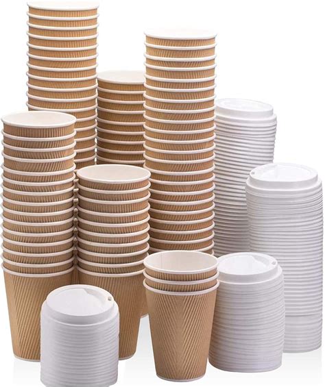 50 Sets 8 Oz Brown Disposable Ripple Insulated Coffee Cups With Lids