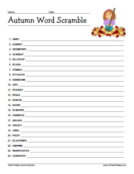 Fall Word Scramble With Answer Key