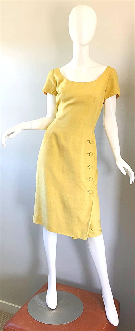 1950s Mr Blackwell Current Size 10 12 Mustard Yellow Silk Vintage