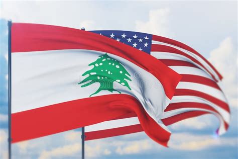 Waving American Flag And Flag Of Lebanon Closeup View 3d Illustration