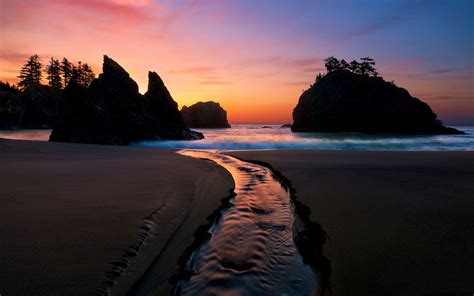 Coast Beach Sea Dusk Night Waves Rocks Trees Sunset Wallpaper