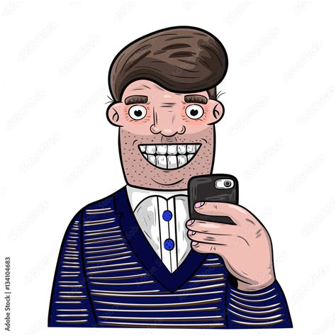 Cartoon Man Taking Self Portrait With His Mobile Phone Stock Vector