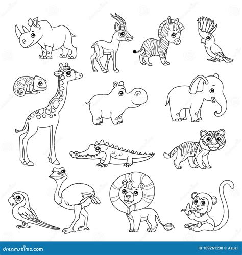 Cute Cartoon Various African Animals Set Black Doodles Outline On A