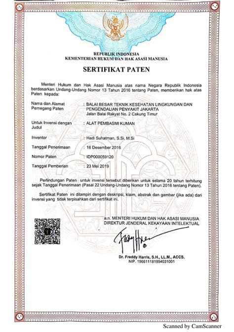 sertifikat paten alat pembasmi kuman kementerian hukum dan hak asasi manusia republik