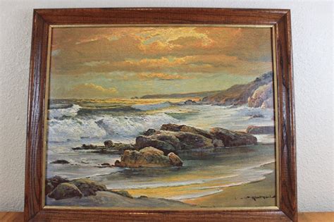 Vintage Framed Seascape Litho Print Sunset Shore By Robert