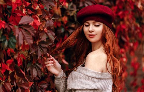 Wallpaper Leaves Girl Pose Hair Hand Portrait Red Redhead Shoulder Takes Natalia