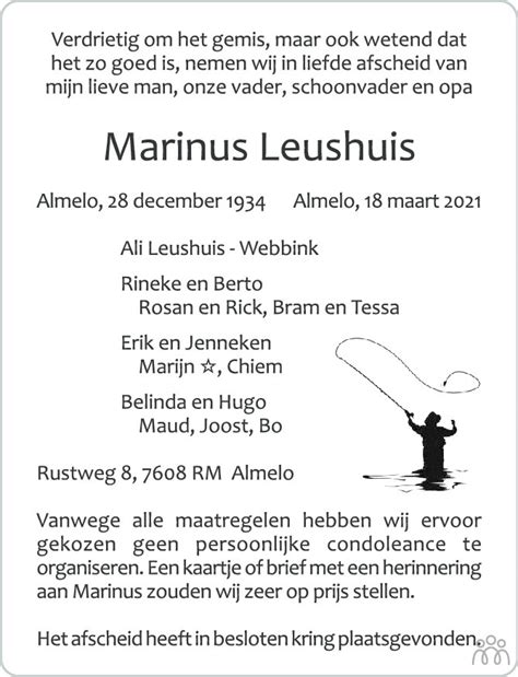 Marinus Leushuis 18 03 2021 Overlijdensbericht En Condoleances