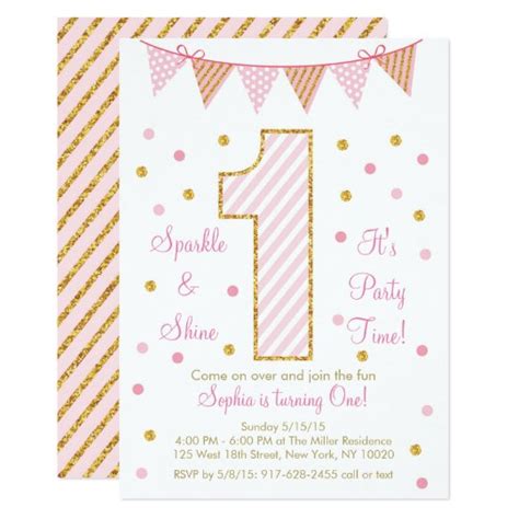 Pink And Gold 1st Birthday Invitation