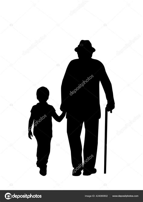 Silhouette Of Grandfather Walking With Grandson Stock Vector Image By