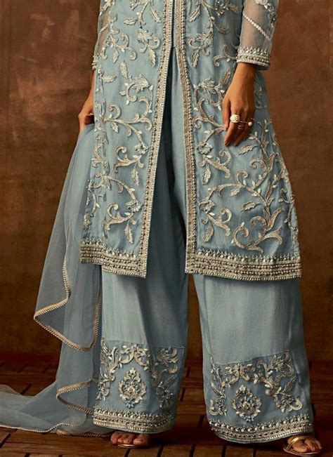 Light Blue Traditional Embroidered Palazzo Pant Suit Pantsuits For