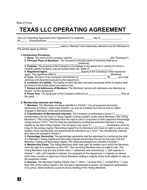 Free Texas Llc Operating Agreement Template Pdf And Word