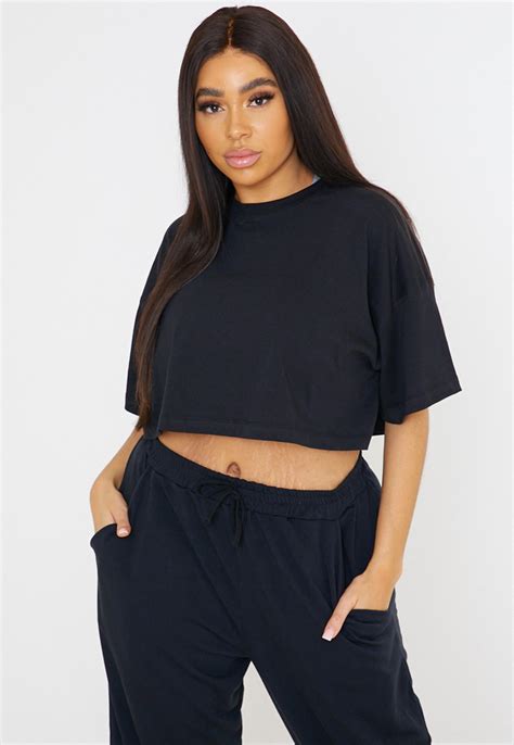 Plus Size Black Drop Shoulder Crop T Shirt Missguided