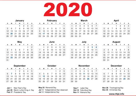 Free Us Calendar 2020 Month Calendar Printable