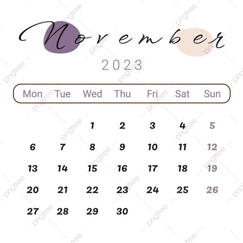 Aesthetic November 2023 Calendar With Purple Blobs November 2023