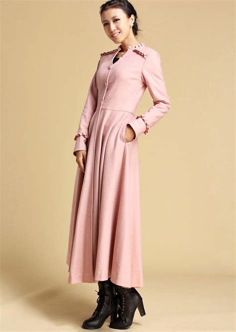 Pink Wool Coat Women Maxi Dress Coat For Winter With Ruffle Detail A
