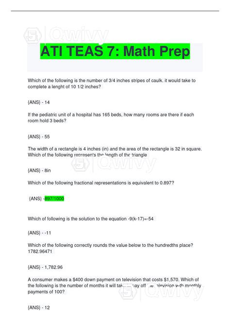 Ati Teas 7 Math Prep Questions With Answers