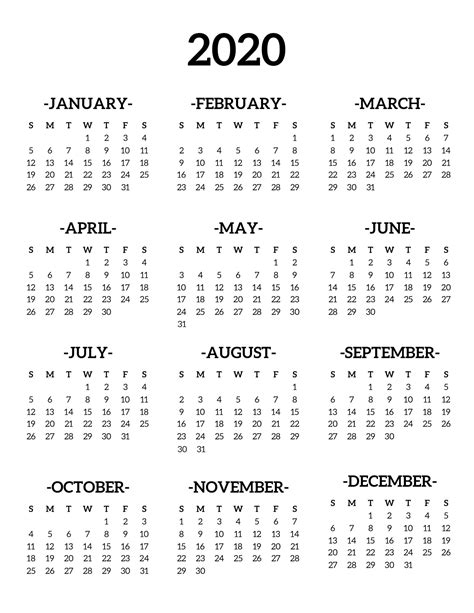 Year 2020 Calendar Printable Template Calendar Design