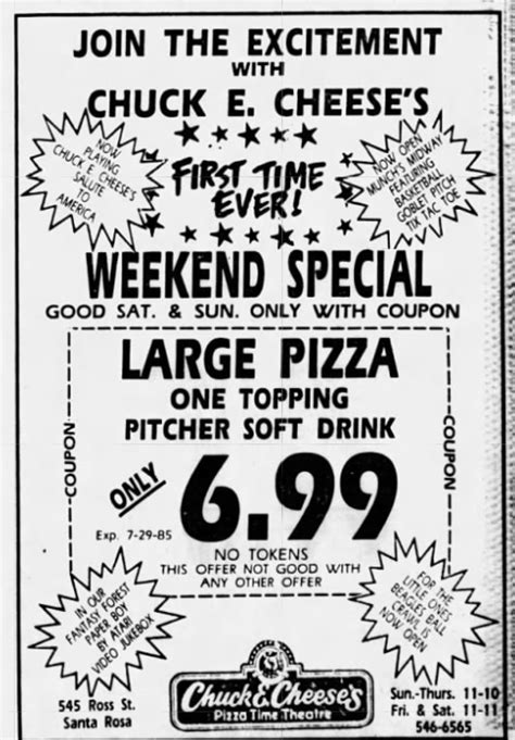 Chuck E Cheese Newspaper Ad California July 19th 1985 80sfastfood
