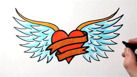 How To Draw Heart With Wings And Banner
