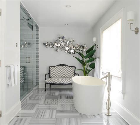 Gray Bathroom With Gray Chevron French Settee