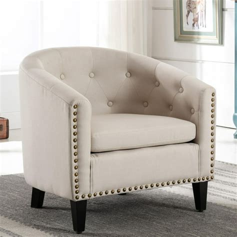 Modern Linen Fabric Accent Chair Tufted Wingback Barrel Chairs For Living Room Bedroom Club
