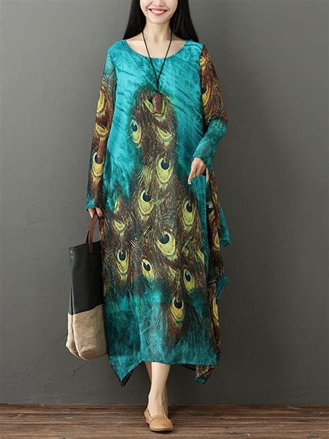 Gracila Vintage Women Peacock Feather Print Dress Banggood Mobile