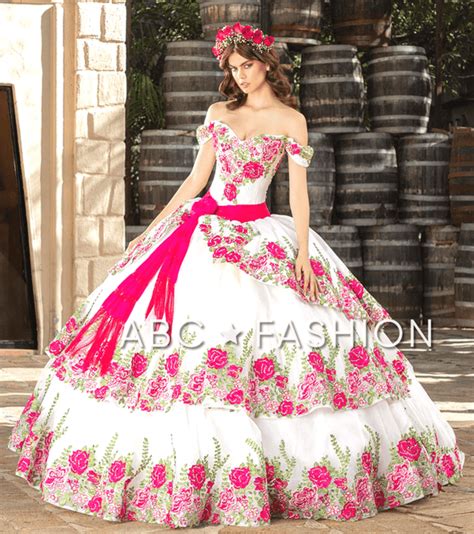 Off Shoulder Floral Charro Dress By House Of Wu La Glitter 24033 20 Ivory Fuchsia Charro Dress