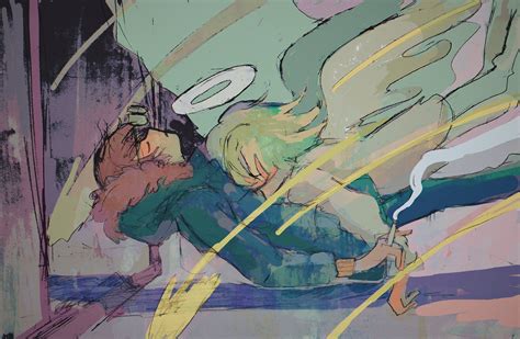 A Painting Of Two People Laying On The Ground With Their Arms Around