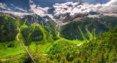 Valley Mountain Forest River Cliff Shrubs Clouds Summer Nature