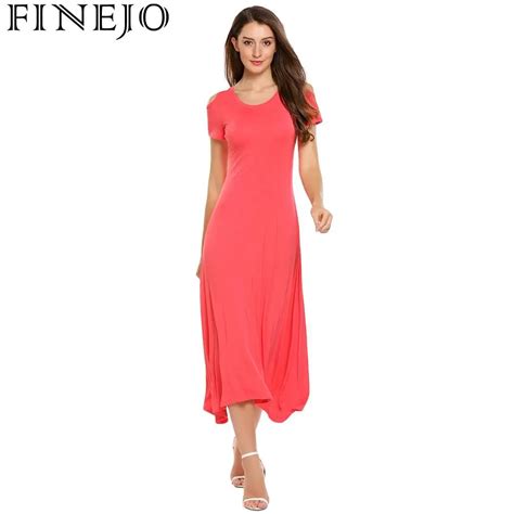 Finejo Swing Long Dress Women Summer Cold Solid Casual O Neck Sexy Short The Sleeve Shoulder
