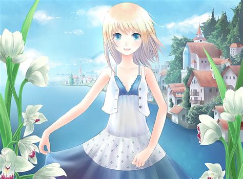 Yellow Haired Woman Flowers The City Lake River Art Girl Minato
