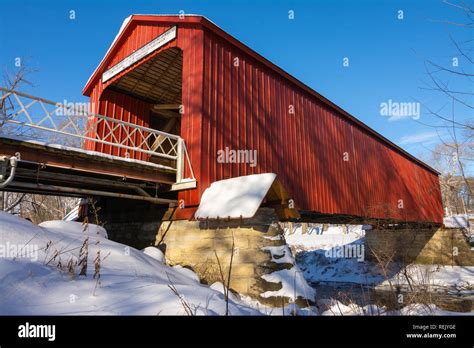 The Red Covered Bridge In Princeton Illinois On A Winter Morning
