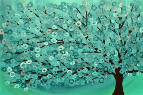 Turquoise Teal Green And Silver Abstract Tree Painting