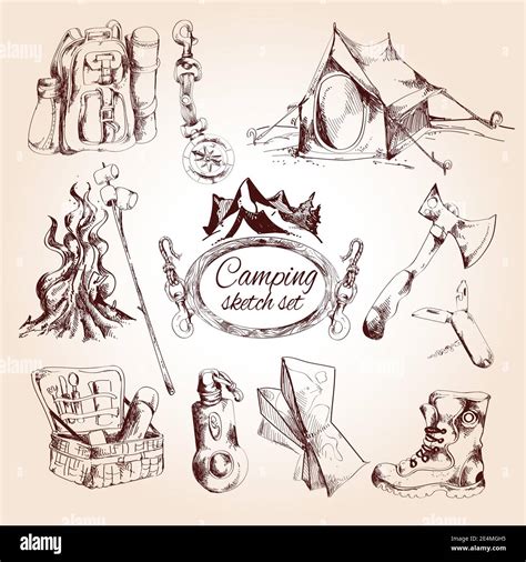 Conjunto de bocetos de camping con mapa turístico de fogatas de campaña