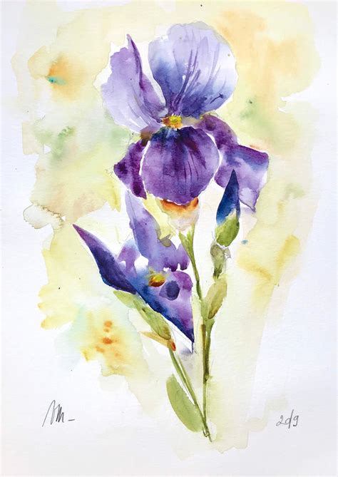 Aquarelle Originale Iris Violet Des Jardins Peinture Fleur Etsy France Peinture Fleurs