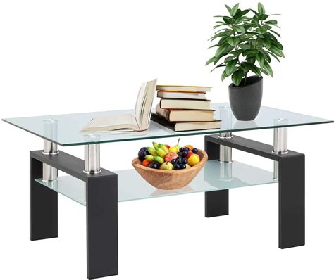 Clear Rectangle Modern Glass Coffee Table With Lower Shelf Metal Legs