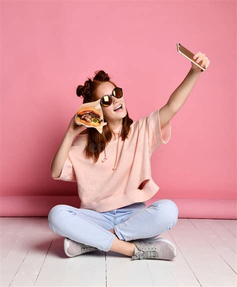 Makes Selfie With Food Stock Photo Image Of Holding 141063956