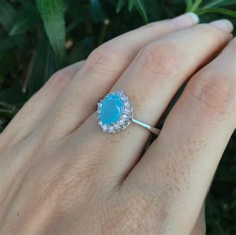 Oval Chalcedony Halo Promise Ring For Her Solitaire Blue Gemstone