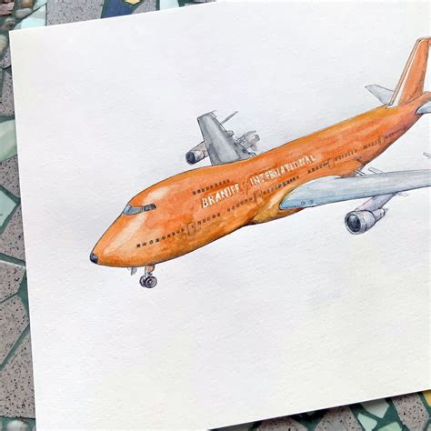 Airplane Original Painting Watercolor Boeing 747 Braniff Etsy