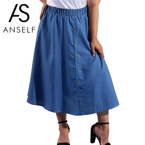 Women Denim Skirt Elastic High Waist Buttons A Line Skirt 2019 Summer Autumn Maxi Long Skirt