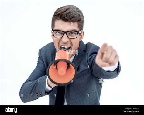 Close Up Angry Businessman With A Megaphone Stock Photo Alamy