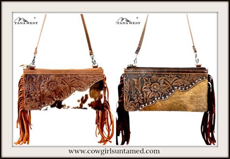 Tooled Genuine Leather Cowhide And Fringe Clutch With Removable Strap