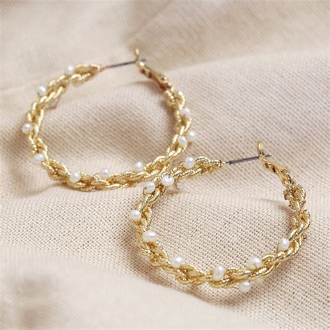 Large Twisted Gold Pearl Hoop Earrings Lisa Angel