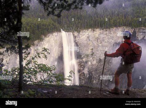 Hiker At Hunlen Falls Tweedsmuir Park Turner Lake Trail British