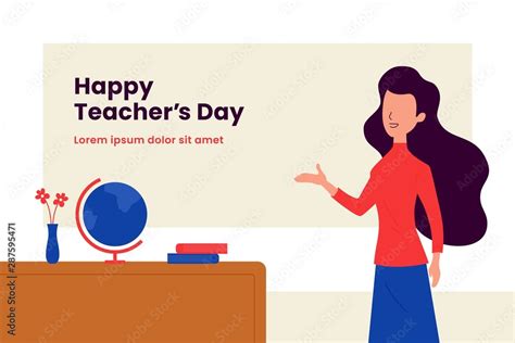 Happy Teacher S Day Background Poster Template Long Hair Woman Teacher With Explain Gesture